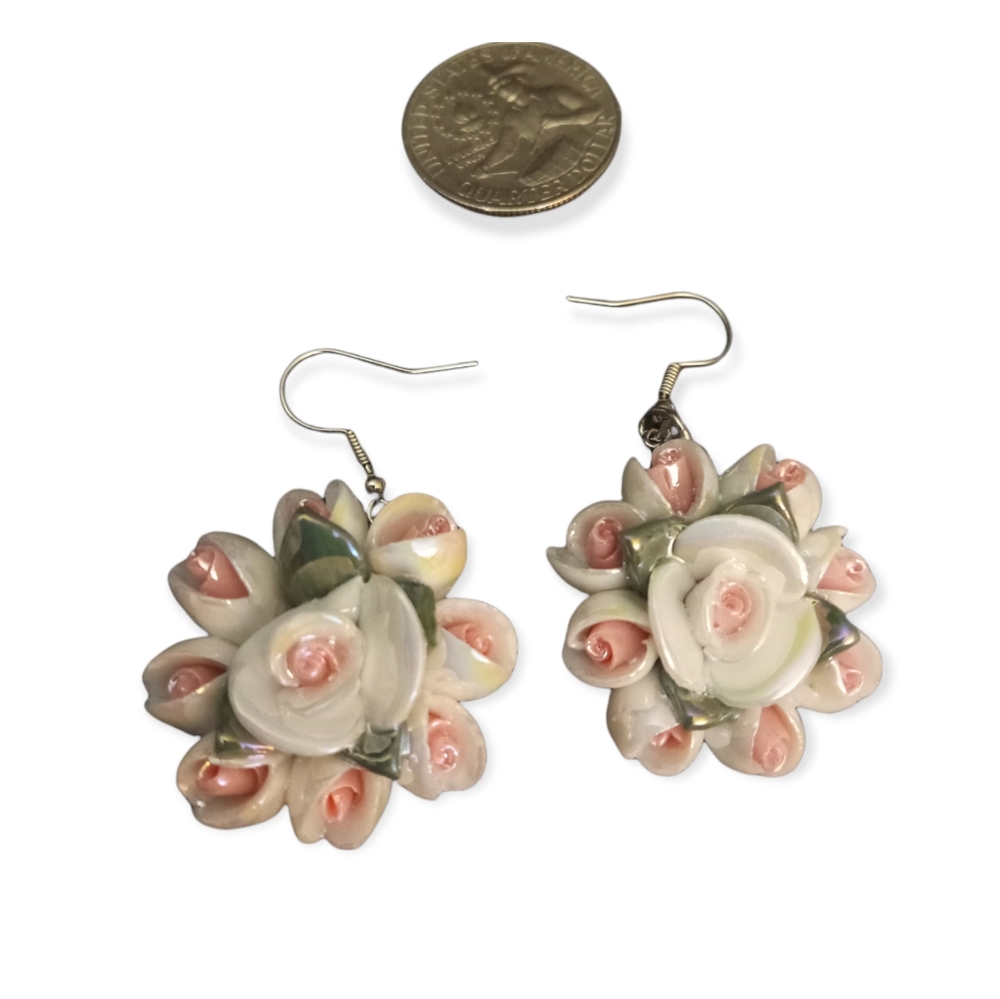 Hand Crafted white floral bridal wedding statement Sterling Silver earrings